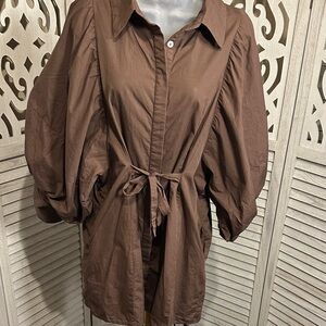 Size M Reminiscene Brown Puffy Sleeve Tie Waist Shirt Dress